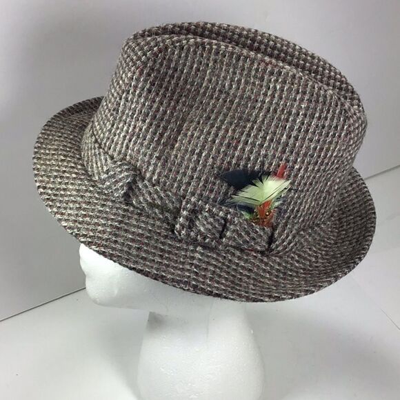 Stetson Hat Vintage Tweed Wool Feather Fedora Hat Brown Wool Plaid - Picture 1 of 10